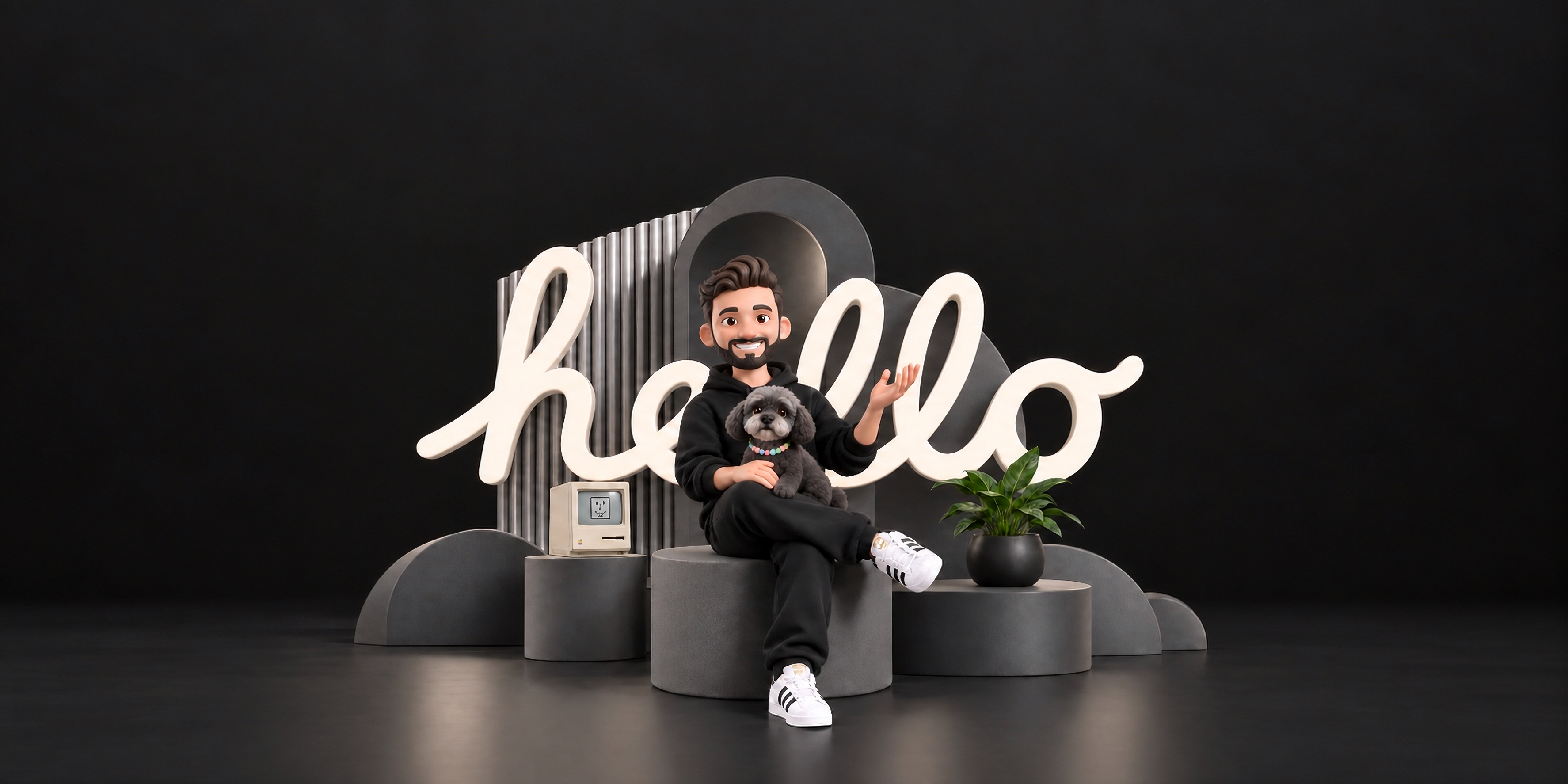 Kevin’s 3D avatar waving with his dog on his lap, surrounded by cream script hello lettering, charcoal sculptures, a vintage Macintosh, and a green plant.