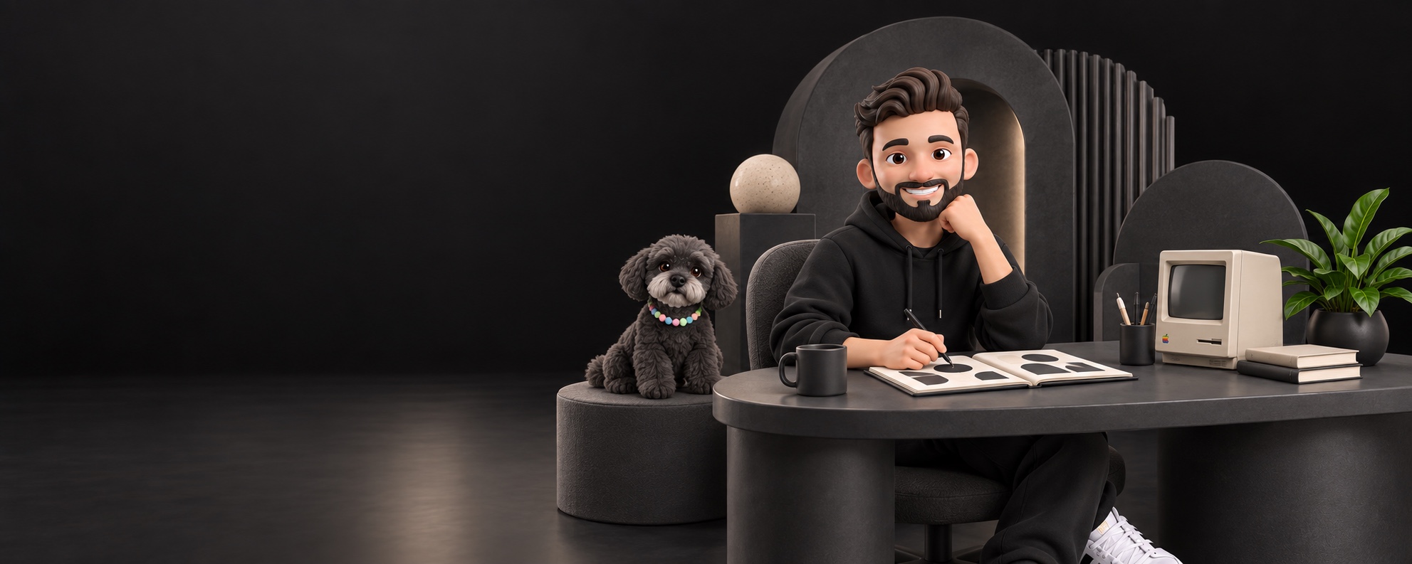 Kevin’s 3D avatar sketching at a charcoal desk with his dog beside him, a vintage Macintosh, books, and a plant.