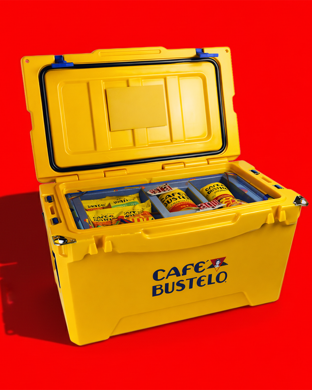 Open yellow Café Bustelo creator cooler on a vivid red background