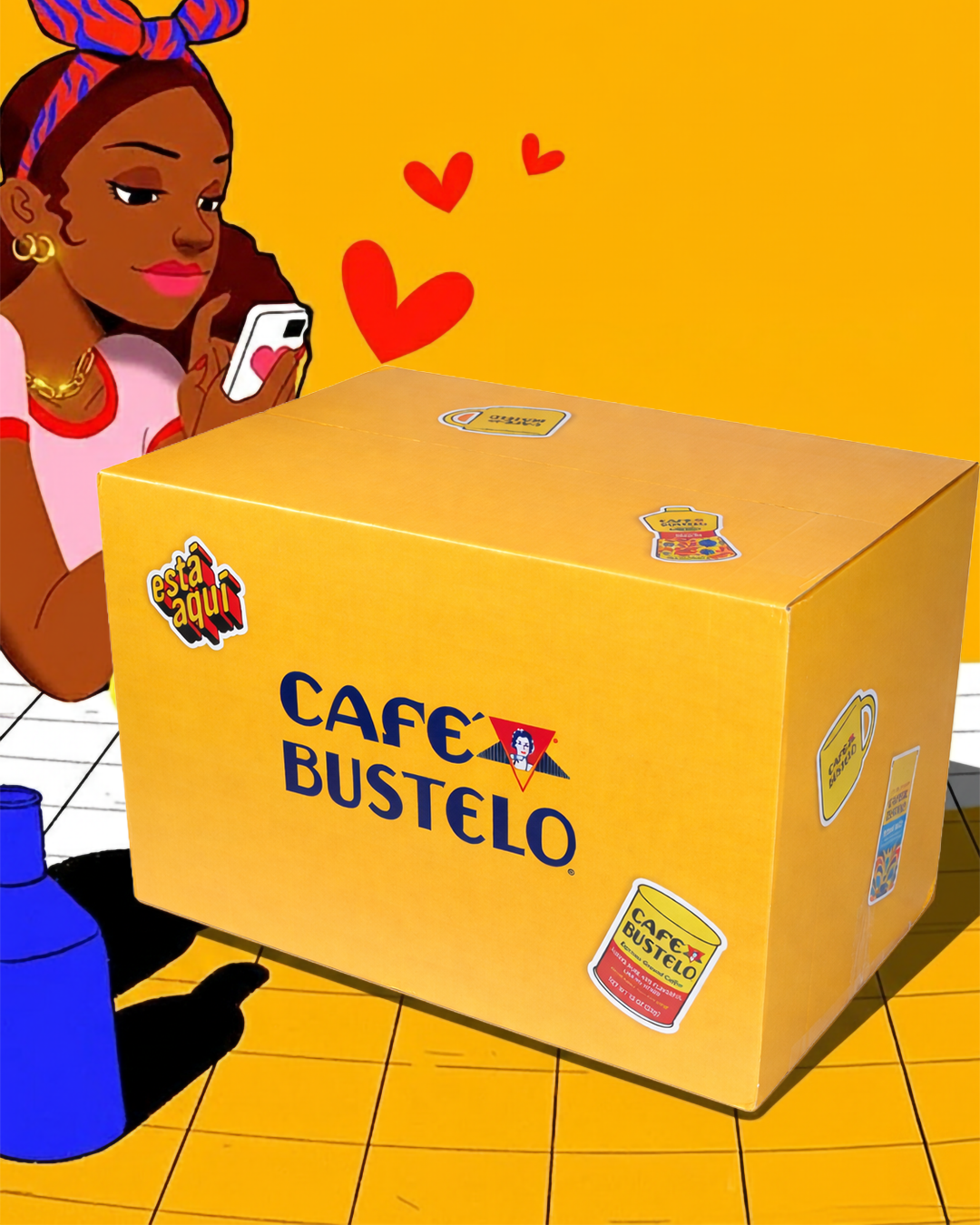 Yellow Café Bustelo shipping box styled against an illustrated campaign world