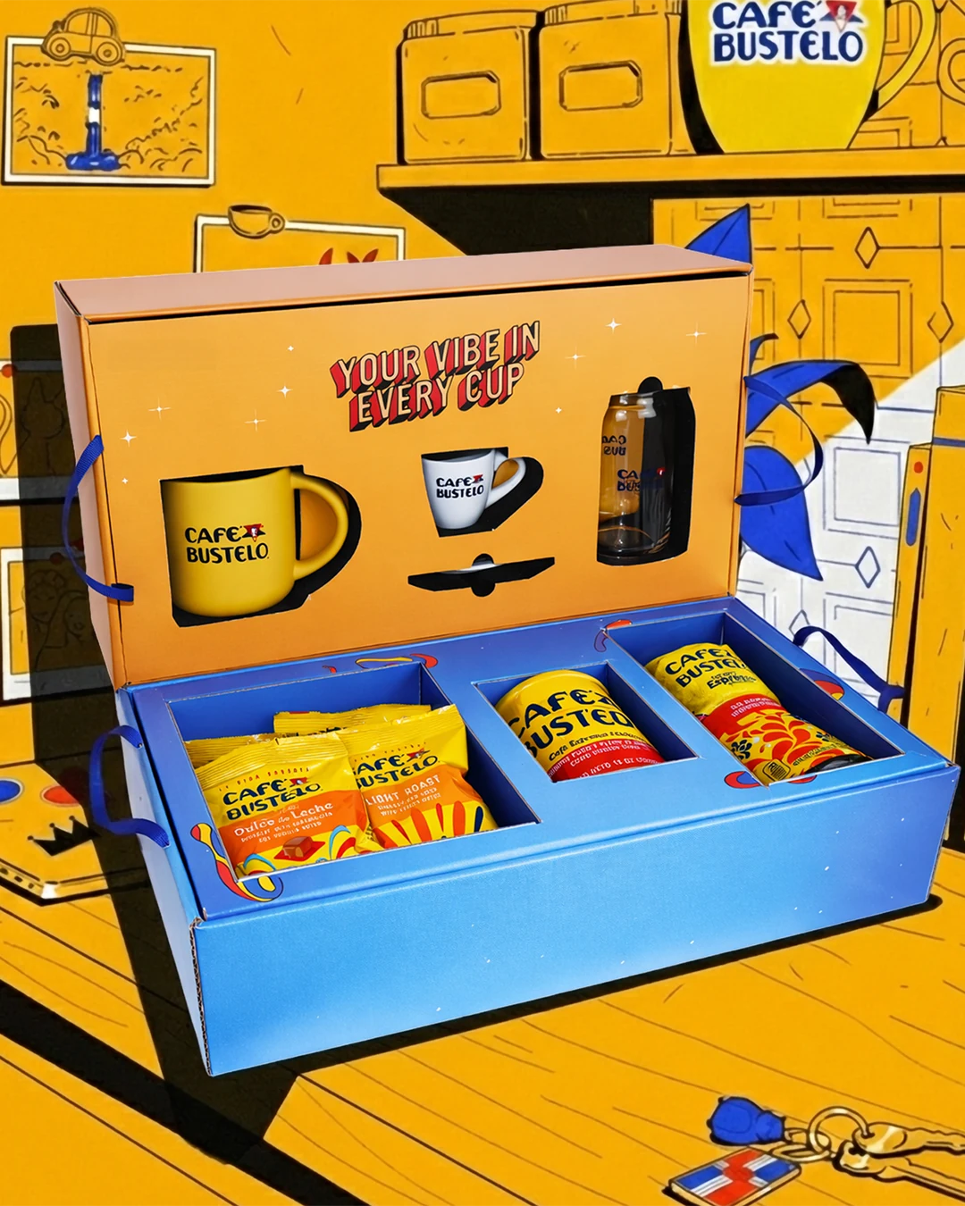 Complete open Café Bustelo mailer styled against its illustrated campaign world