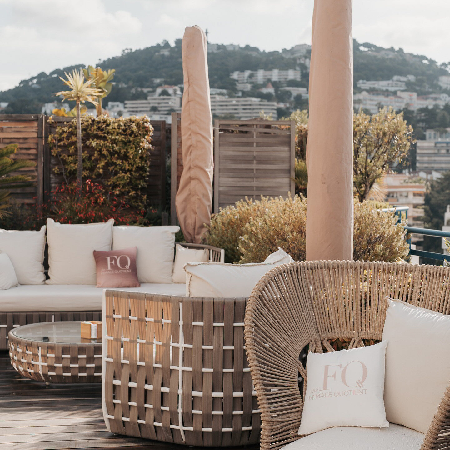 FQ branded terrace seating overlooking Cannes