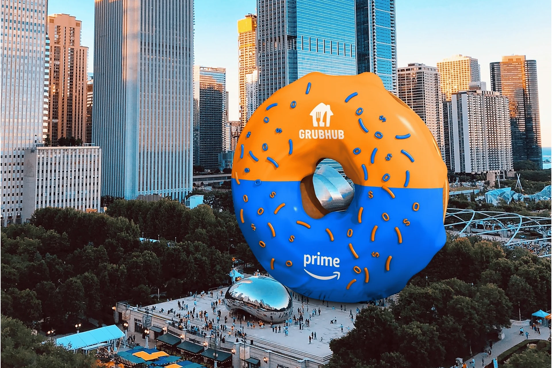 Oversized donut teaser rendered over Millennium Park and the Bean