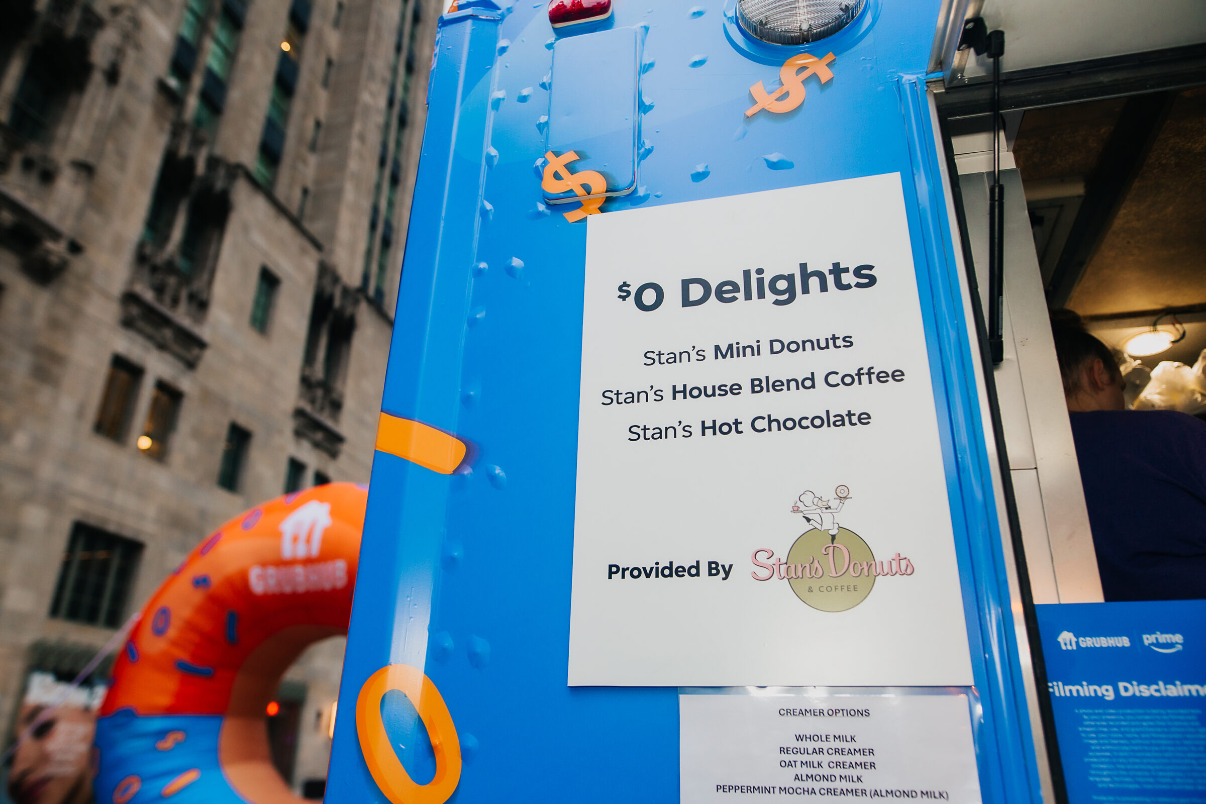 $0 Delights menu of Stan's mini donuts, coffee and hot chocolate on the truck