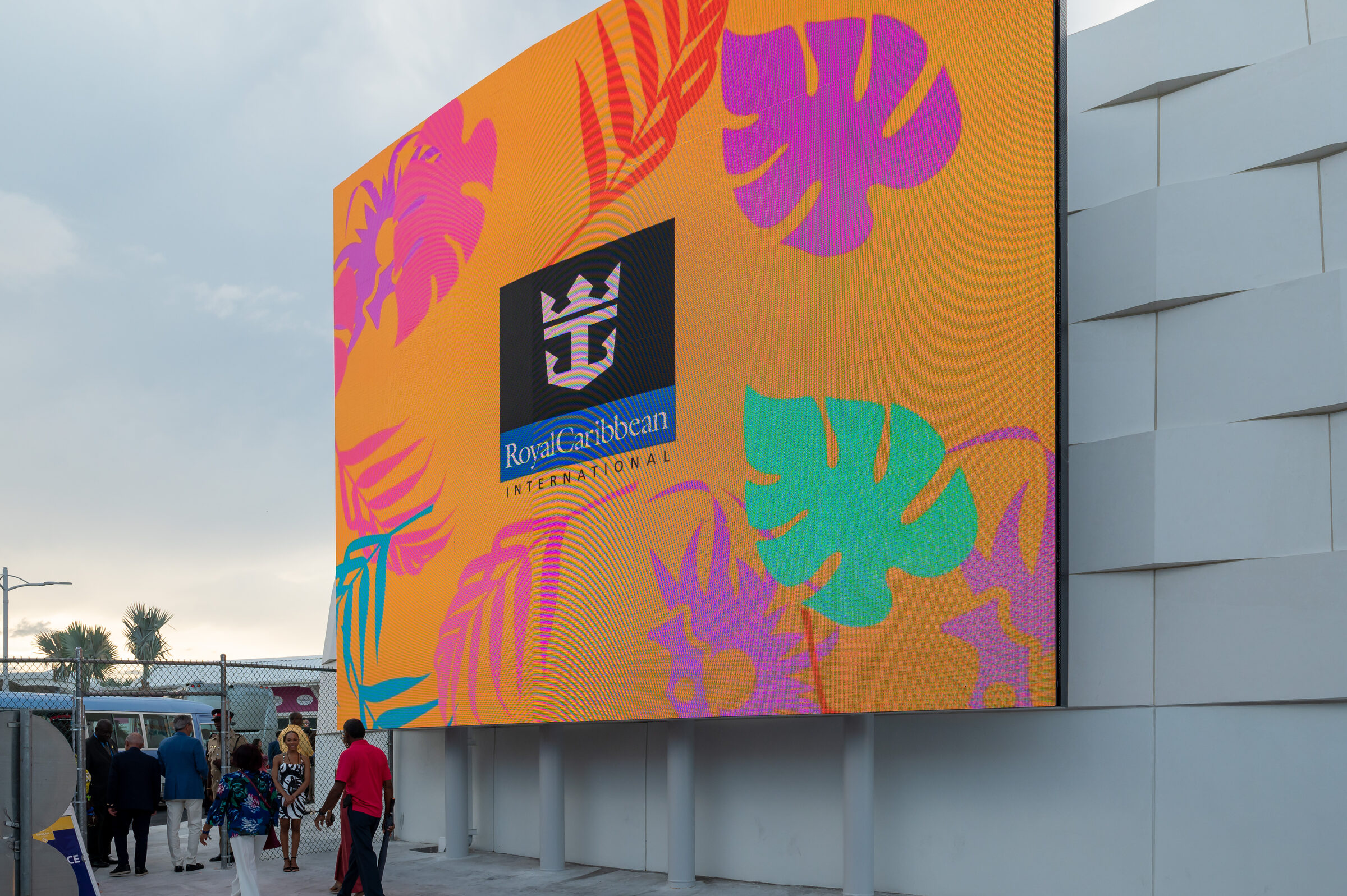 Large LED screen showing the tropical Nassau Cruise Port motion pattern