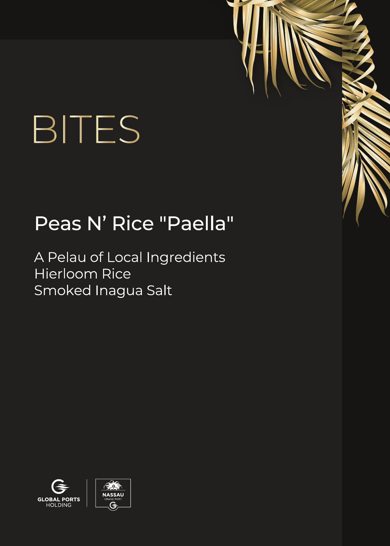 Black and gold food menu designed for the Nassau Cruise Port opening