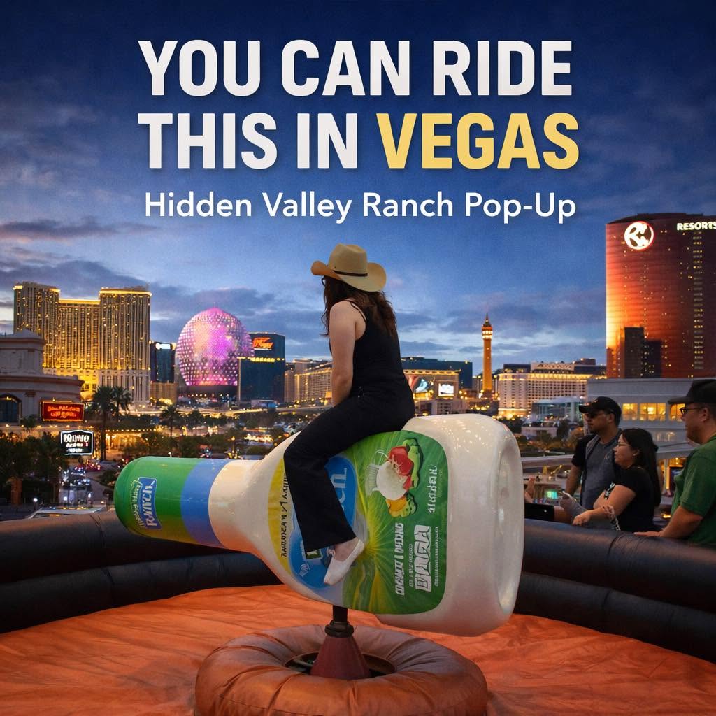 You can ride this in Vegas — Hidden Valley Ranch pop-up graphic showing the bottle ride against the Las Vegas skyline