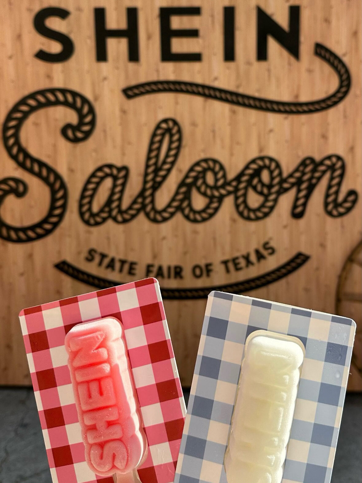 Custom SHEIN popsicles in red and blue gingham packaging