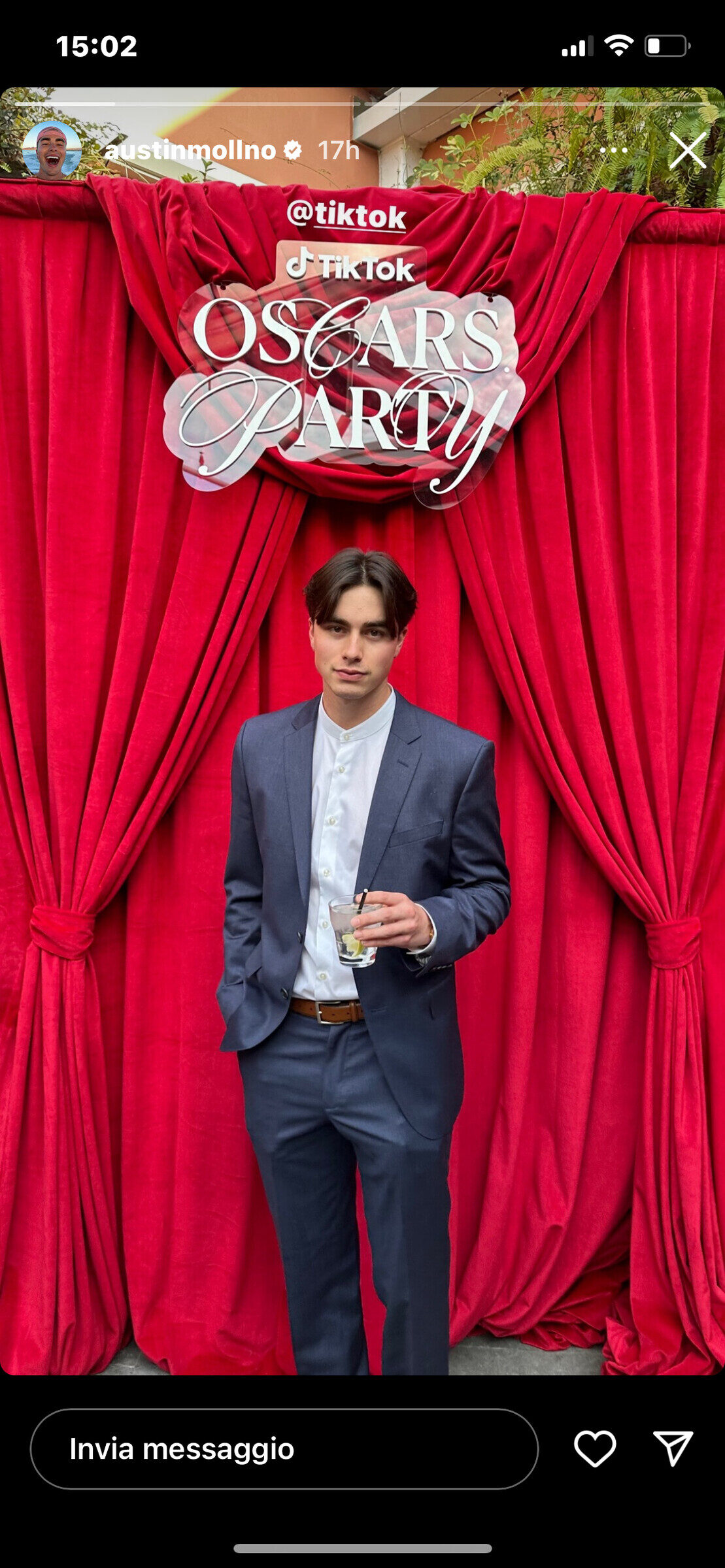 Austin Mollno's Instagram story at the TikTok Oscars Party red curtain