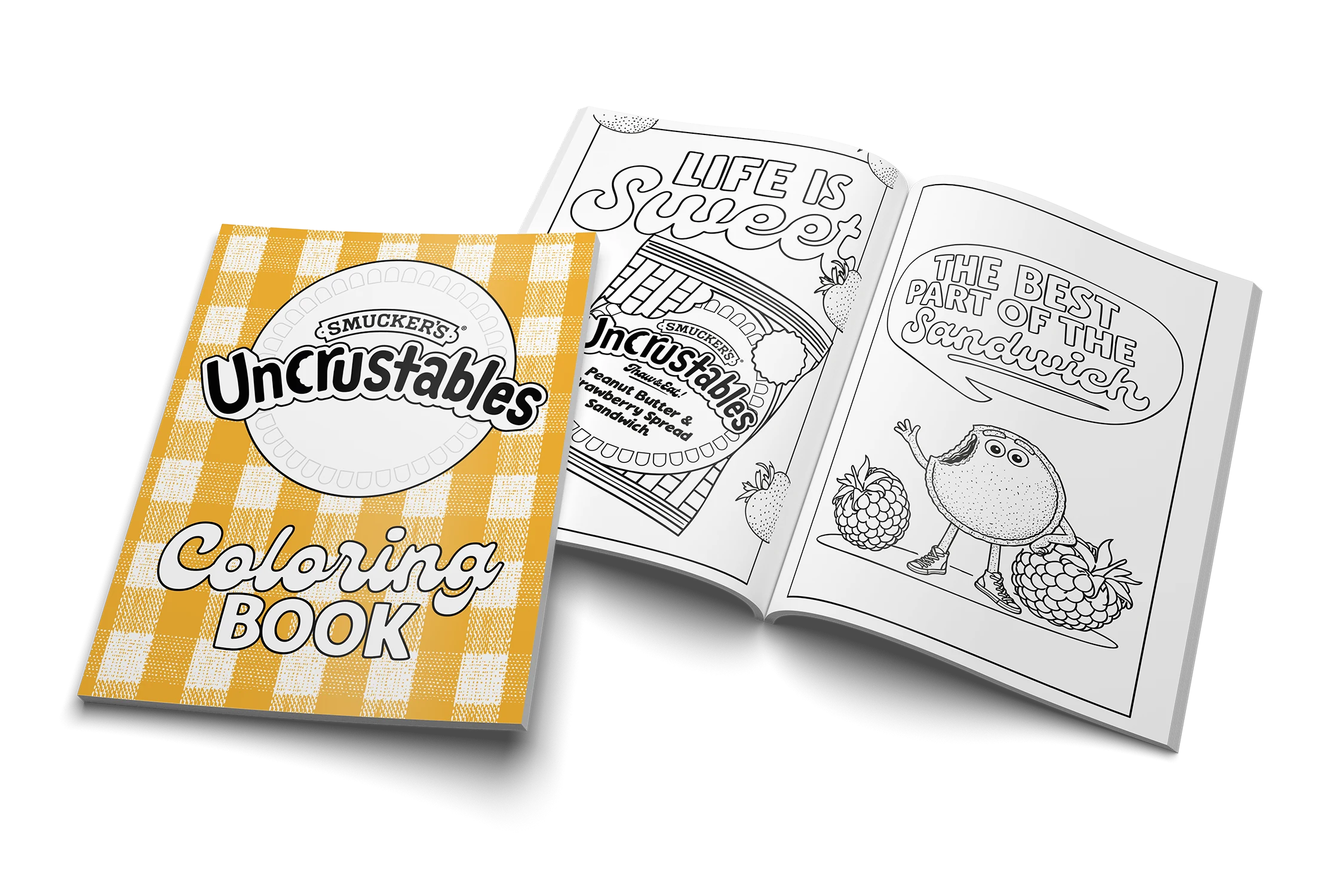 Uncrustables coloring book cover beside an open illustrated spread