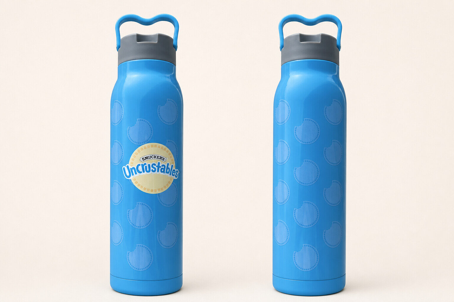 Front and rear views of the finished blue Uncrustables water bottle on a clean studio background