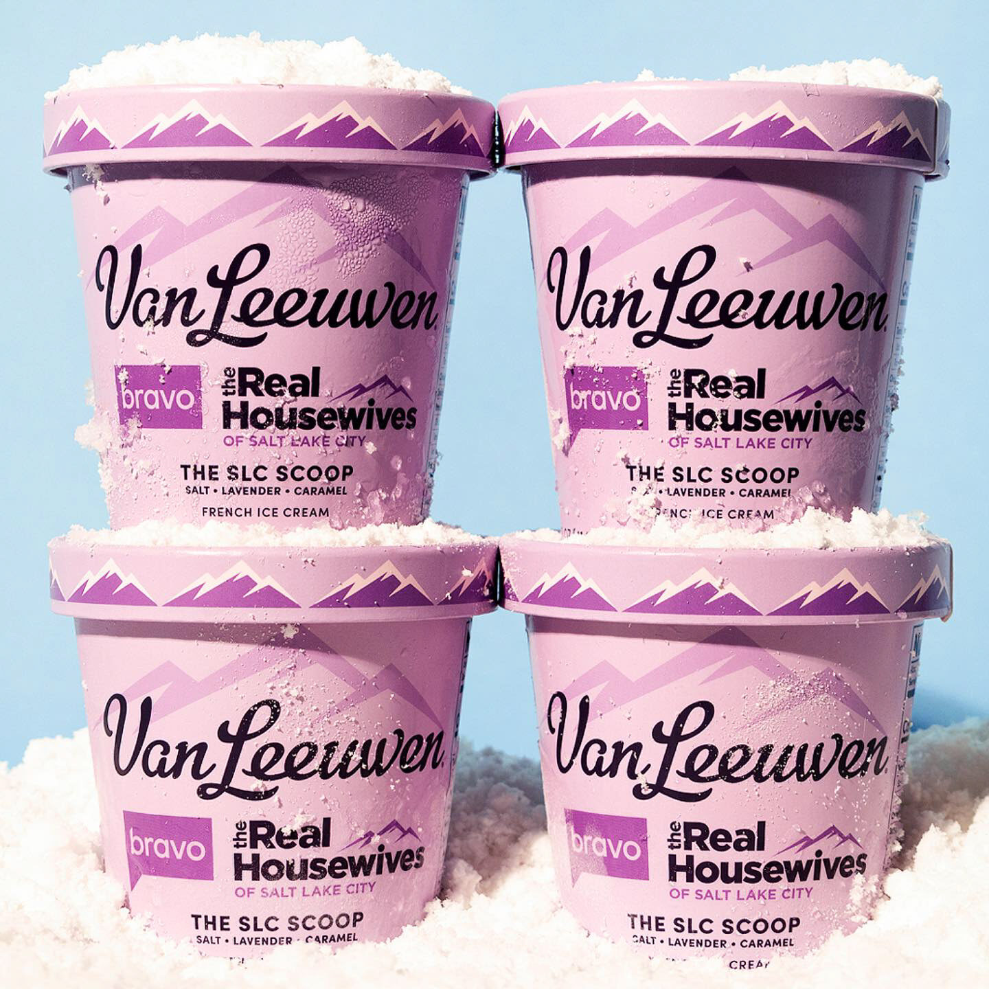 SLC Scoop pints stacked in snow with the RHOSLC mountain-range band