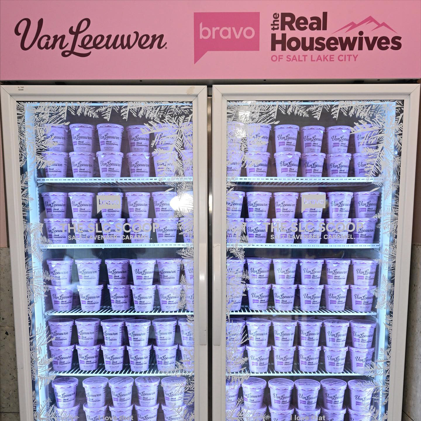 Branded freezer stocked with SLC Scoop pints behind frosted glass
