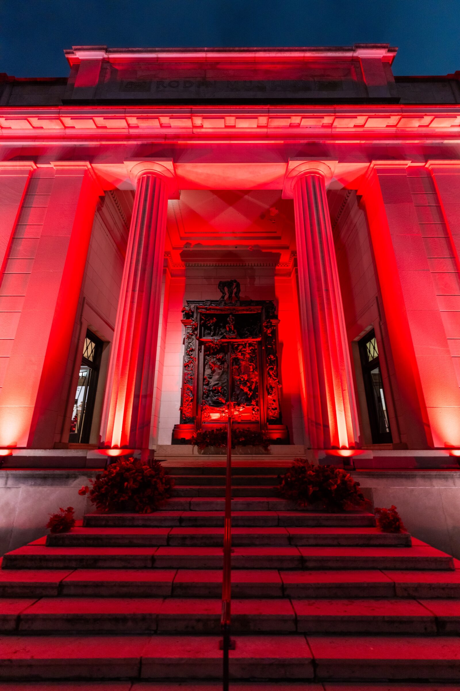The Rodin Museum in Philadelphia illuminated in Wells Fargo red